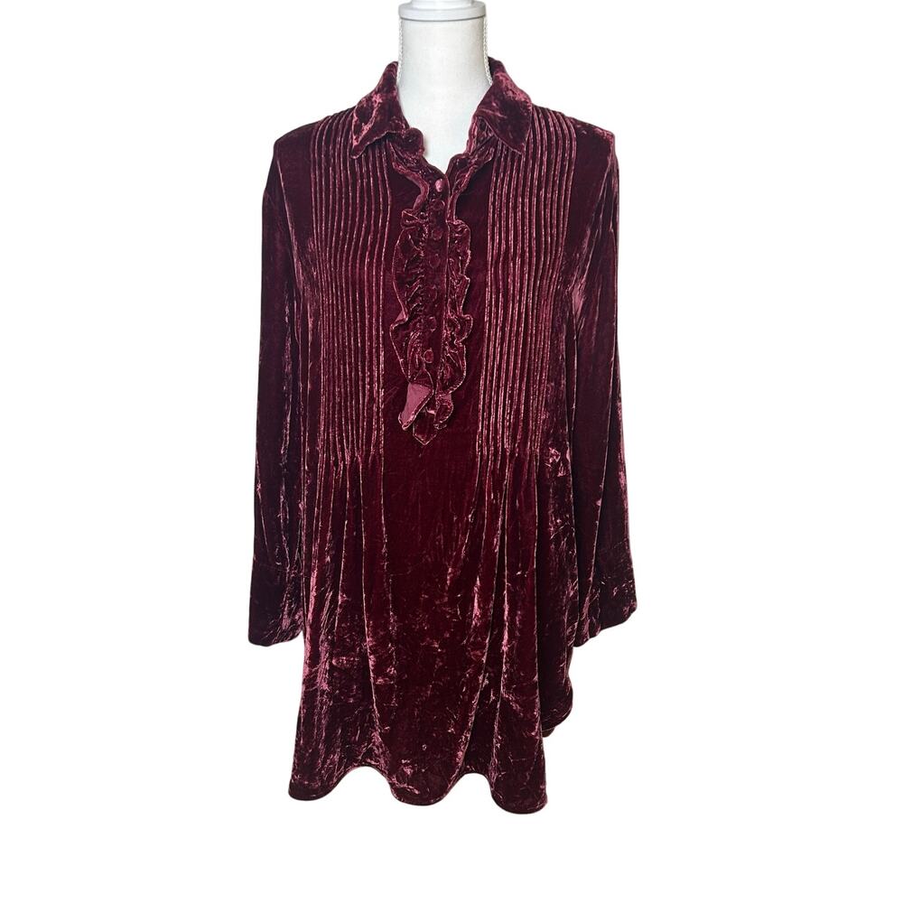 Soft Surroundings Verona ruffle velvet burgundy tunic silk blend blouse L